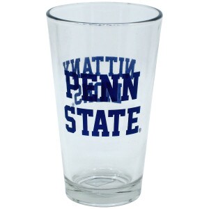 pint glass with Penn State on one side, Nittany Lions on other